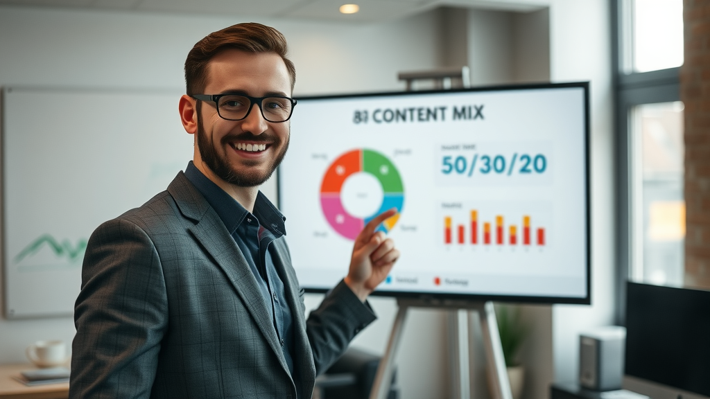 Professional marketer planning social media content mix on a screen displaying the 50/30/20 chart