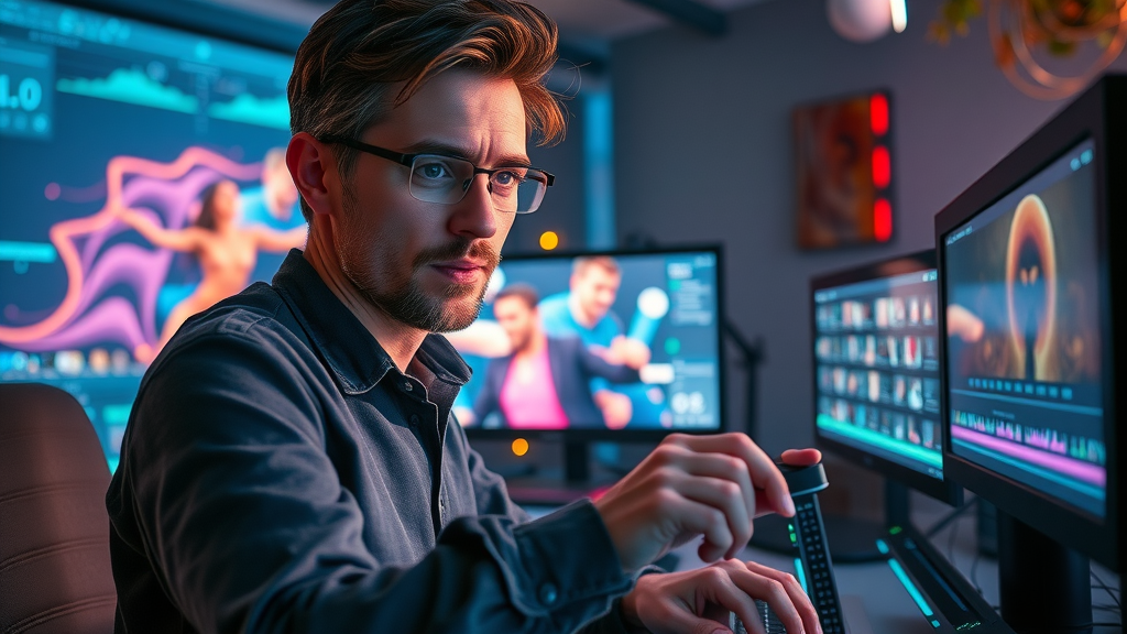 creative video editor in action, focused expression, video hooks, vibrant editing suite, dragging dynamic clips, neon highlights, cool lighting