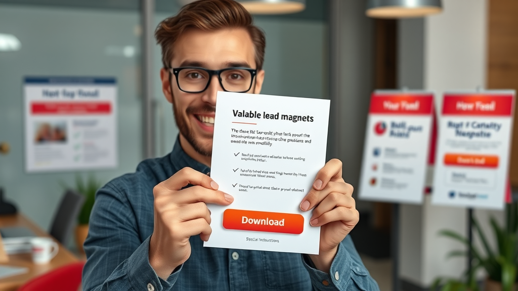 enthusiastic professional holding a valuable lead magnet, email marketing for leads, checklist, ebook, email lead generation
