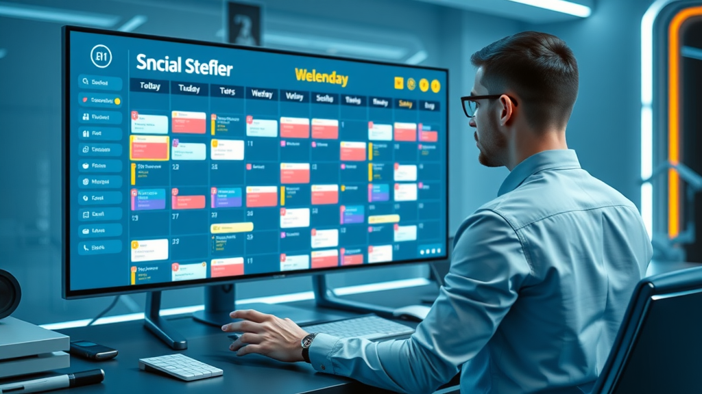 digital marketer arranging a detailed social media content calendar on a high-tech monitor for media marketing success