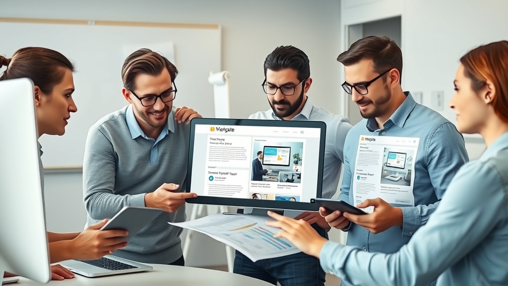 Landing page design team analyzing digital drafts in a modern marketing office workspace with collaborative discussions