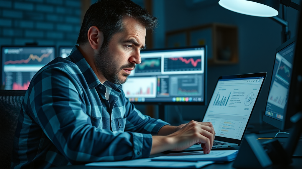 Marketing manager stressed about poor social media ad performance, reviewing disappointing campaign data on laptop, highlighting hidden costs and frustration in media advertising