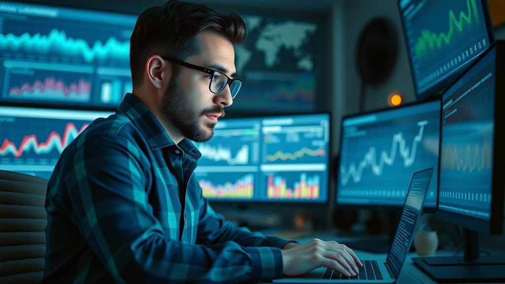 Professional analyst reviewing social media analytics data charts on a laptop in a modern digital workspace
