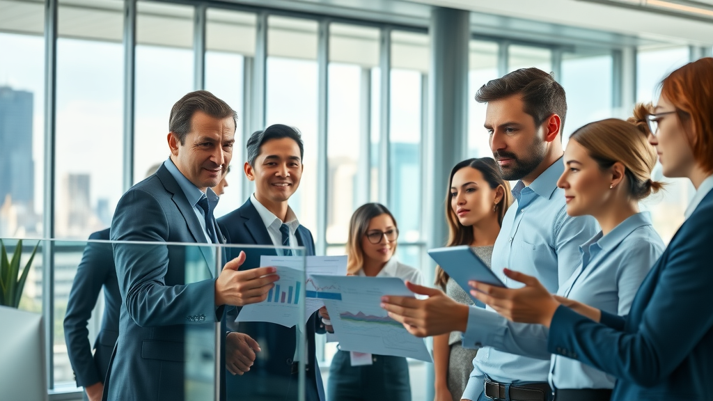 B2B lead generation professionals collaborating in a modern business office open-plan workspace with city skyline