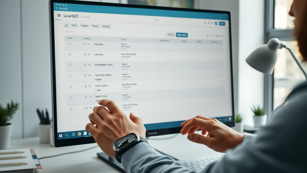 comparison table with local SEO tool dashboard, business listings, on computer monitor
