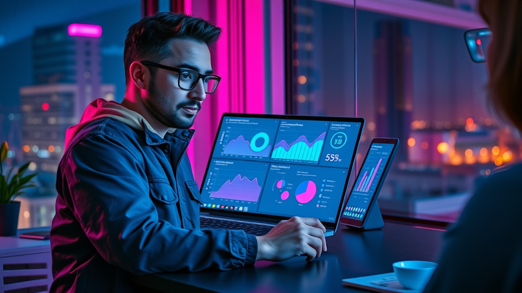 Marketer monitoring social media ad performance for lead generation, analytics dashboard, vibrant office
