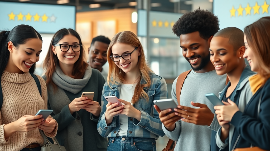 Diverse modern shoppers analyzing product customer reviews on digital devices in a retail store with five-star ratings displayed
