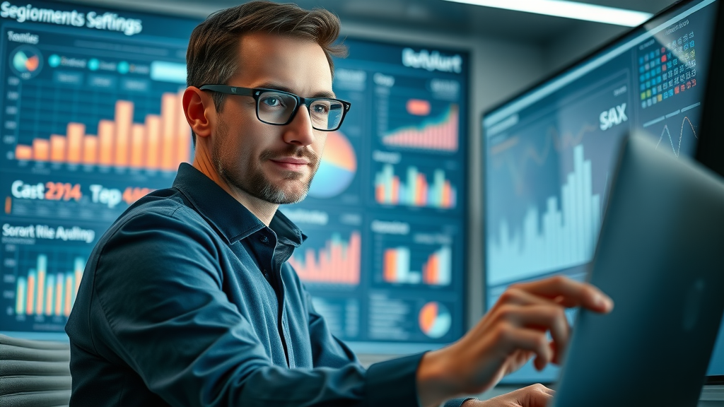 data analyst reviewing customer segmentation charts on a modern digital dashboard