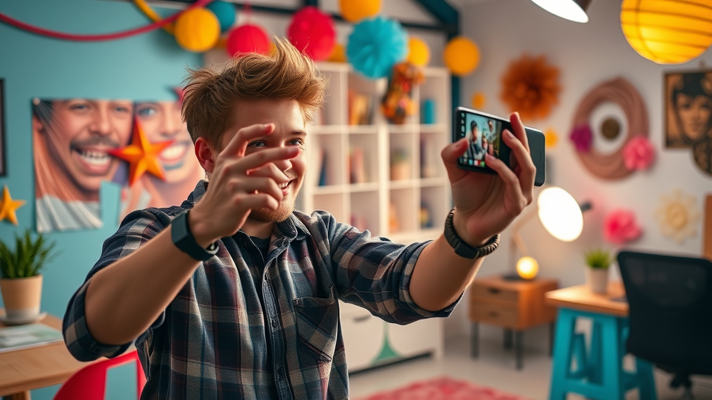 creative influencer filming engaging content for influencer marketing campaign in vibrant home studio