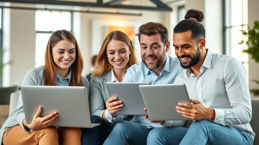corporate team managing blog post content distribution in a collaborative office setting