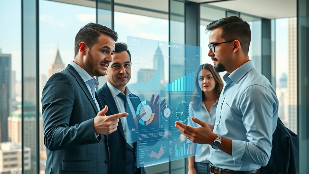 business team analyzing digital user feedback data, collaborating around a large interactive screen, user feedback insights in modern office with city skyline