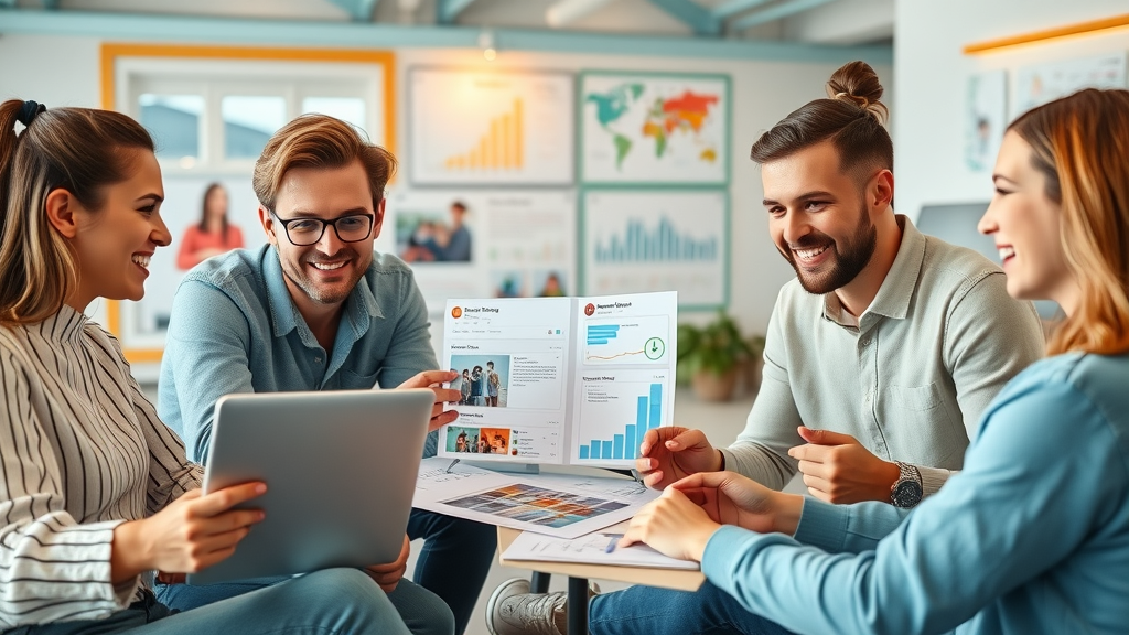 team designing brand content for social media with customer feedback for reputation marketing