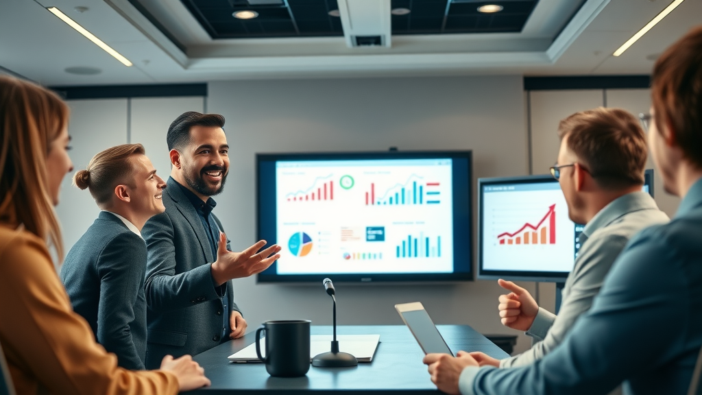 Marketing professional presenting inbound marketing principles to engaged team, digital presentation, high-tech meeting room—core inbound marketing concepts.
