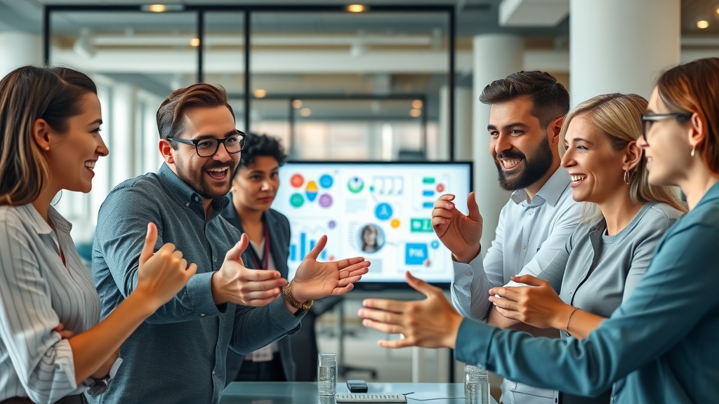 Sales professional celebrates win: sales funnel efficiency and conversion rates improvement in a lively office