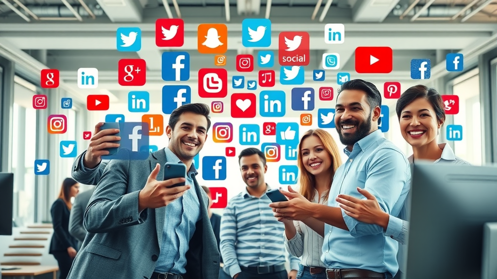 vibrant collage of major social media icons and confident marketers collaborating for social media marketing strategies
