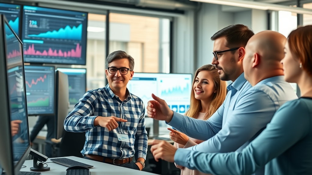 Dynamic team optimizing video SEO performance data in a modern office environment