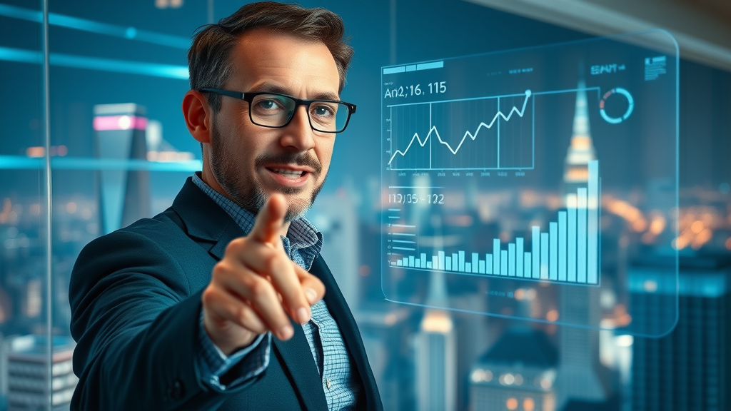 Visionary marketing analyst pointing at a futuristic ad network hologram, paid ads and campaigns trends visualized in neon cityscape