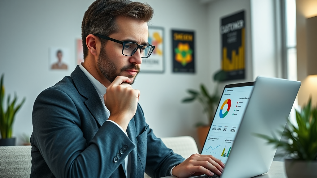 Business professional analyzing customer reviews and feedback data on a laptop with colorful charts