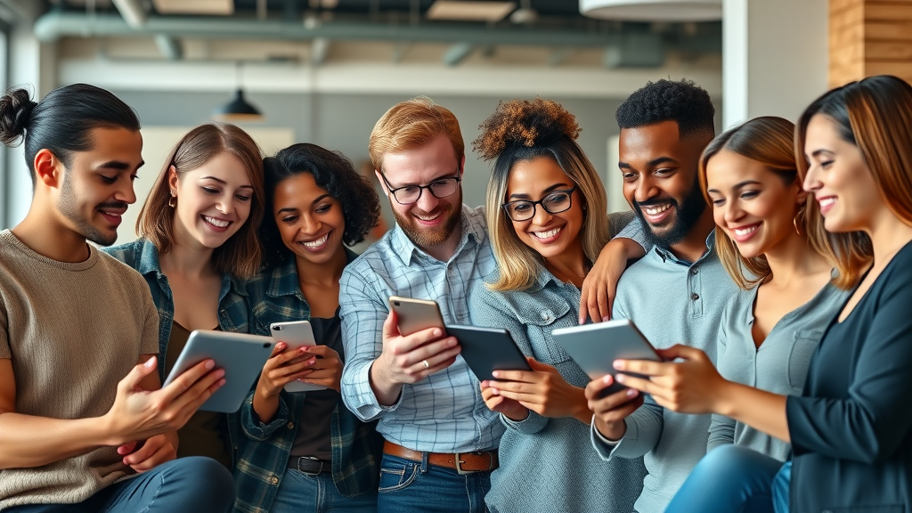dynamic group of diverse influencers collaborating on digital devices for influencer marketing in a modern workspace