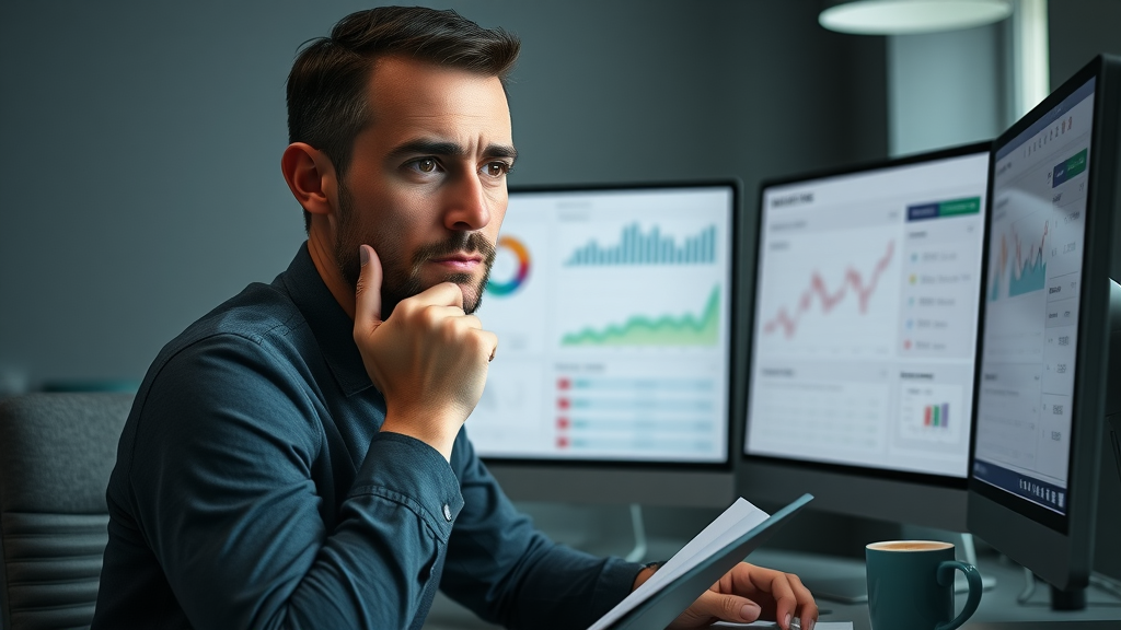 concerned marketer examining PPC marketing mistakes on analytics dashboard