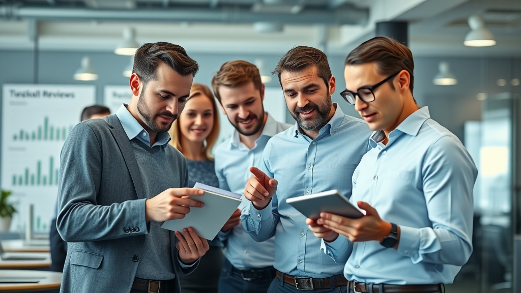 dynamic business team analyzing online reviews and reputation in a modern office with digital dashboards