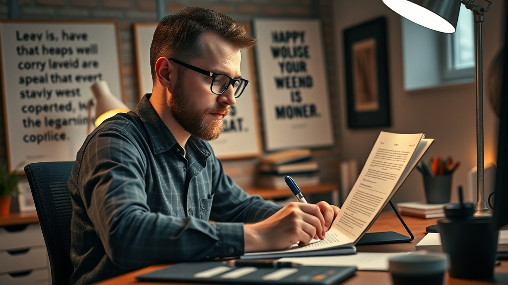 experienced copywriter drafting high-converting PPC ad copy at a modern office desk