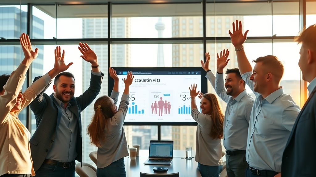 brand team celebrating viral video marketing success boardroom