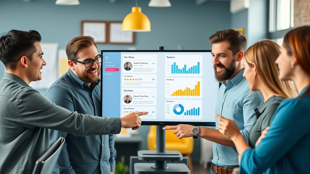 Marketing team integrating customer reviews into website with SEO and positive graph charts