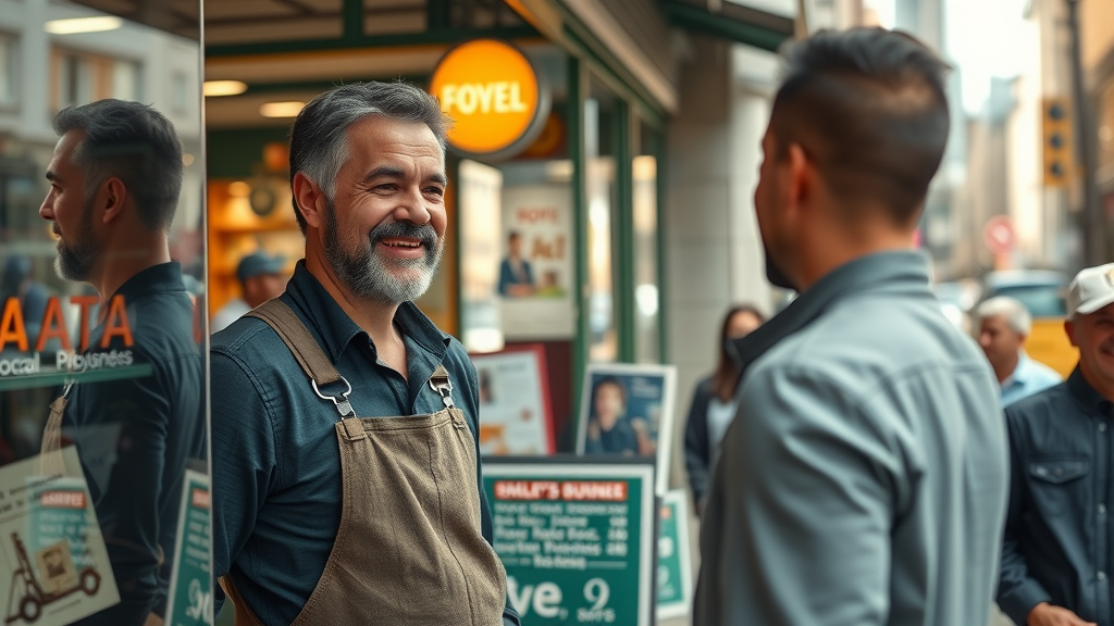 Modern local business storefront, owner smiling at customer with bustling city details, local link building
