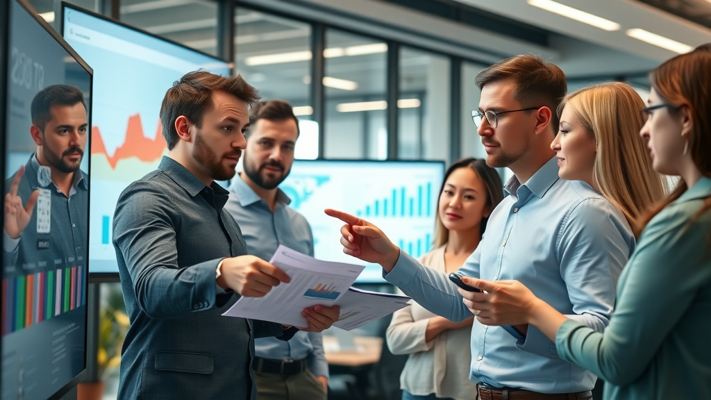 social media paid ads marketers analyzing campaign graphs in modern office