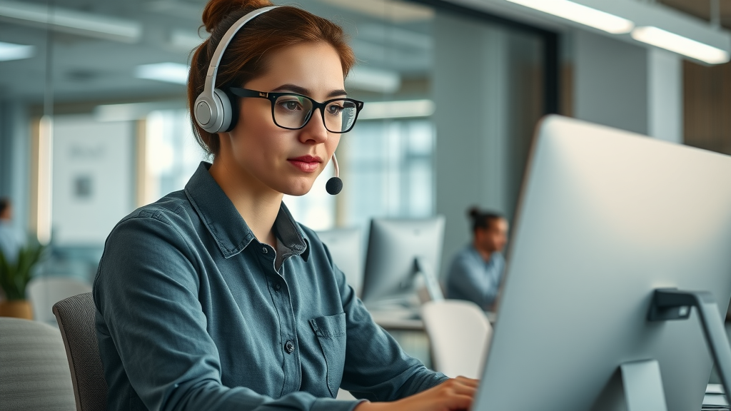 Support manager thoughtfully replying to a negative customer review on a computer in a modern office