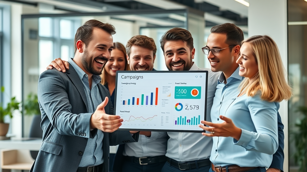 business team reviewing campaign optimization results on digital dashboard in modern office