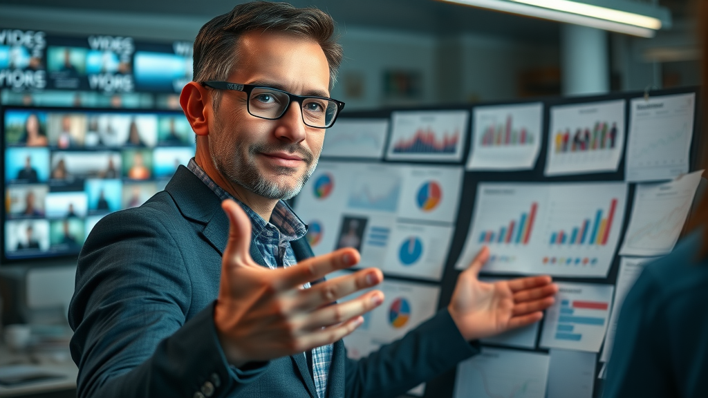 video marketing strategist mapping data-driven strategy with video content and analytics charts
