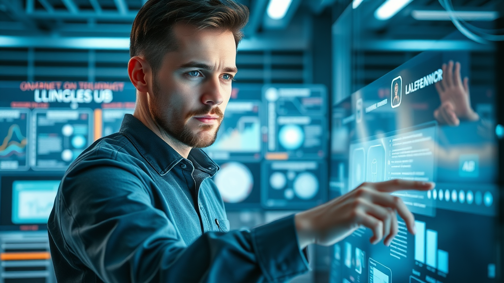 Designer perfecting landing page UI/UX for paid ads and campaigns, futuristic holographic workspace