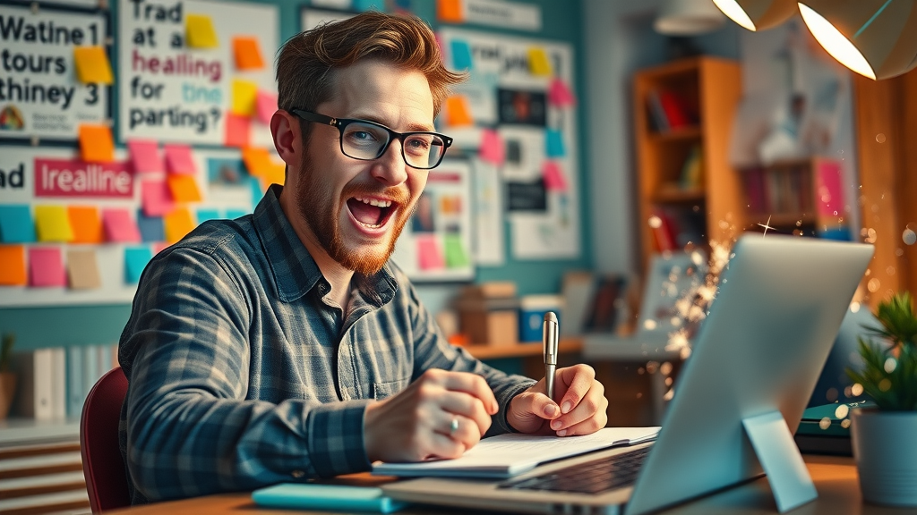 Creative copywriter brainstorming ad headlines for paid ads and campaigns, colorful studio, paper and laptop