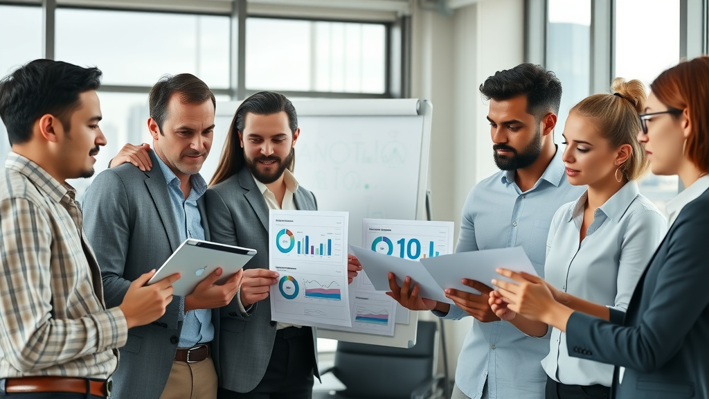 business team comparing marketing automation solutions, software dashboards, devices, whiteboard conference room