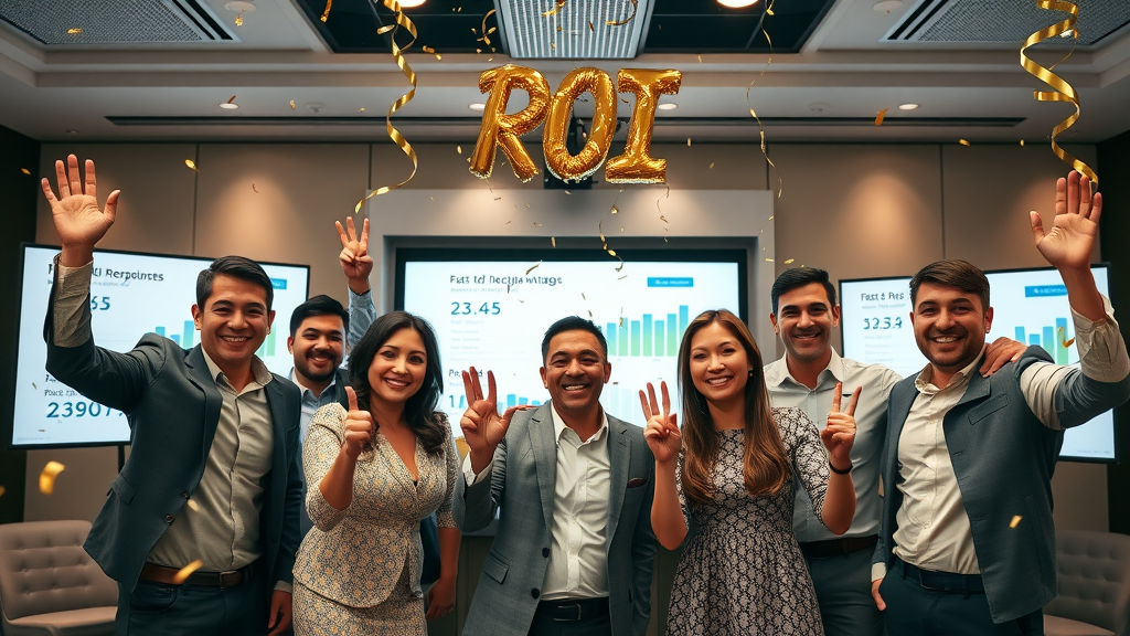 Business team celebrating fast ROI from paid social campaigns