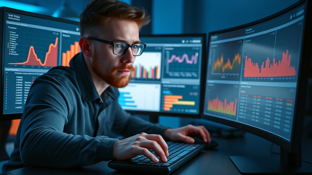 marketing analyst conducting A/B tests on different video ad formats, assessing performance metrics on dual monitors in a high-tech marketing office