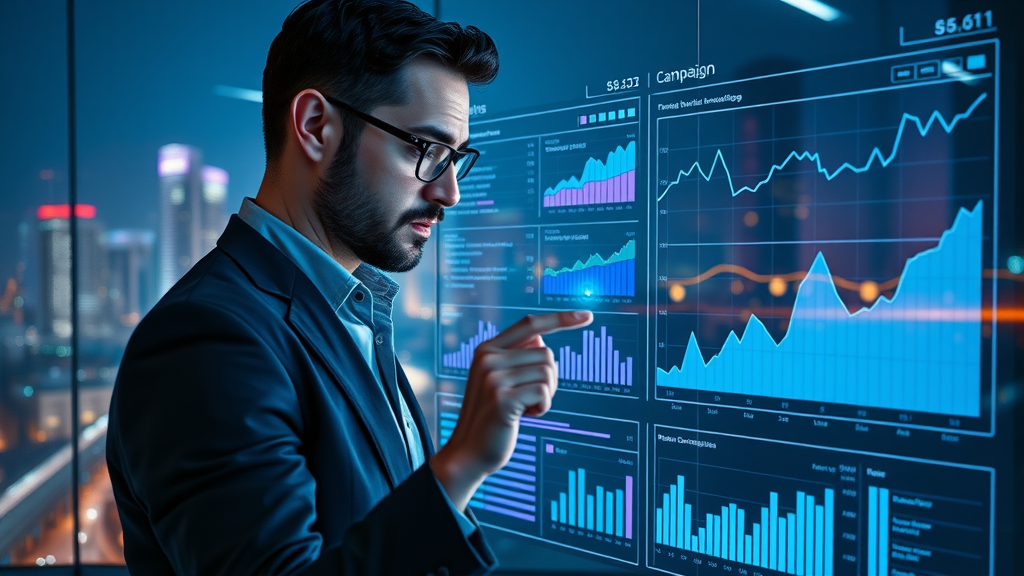 marketer reviewing analytics dashboard, real-time campaign metrics, marketing automation software KPIs