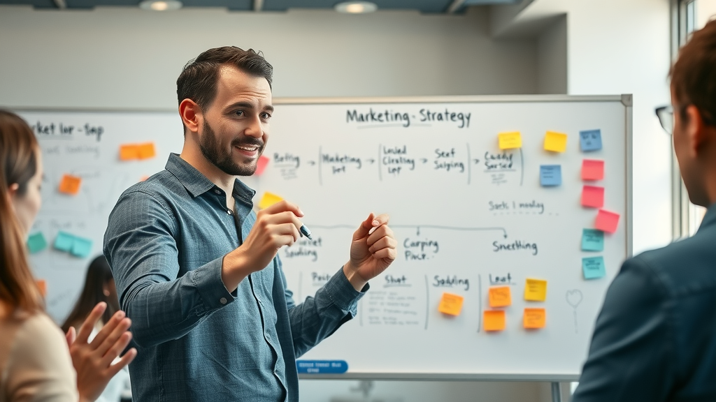 marketer explaining smart marketing strategy with flowchart and brainstorming session