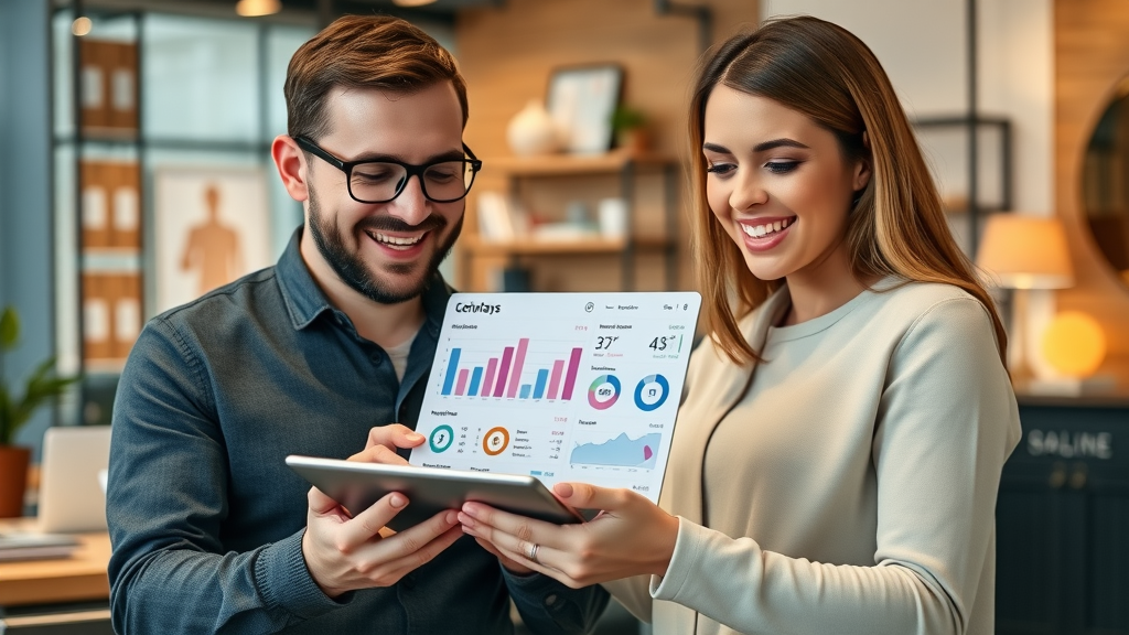 high-end retail website interface, satisfied users interacting with sleek digital product, charts showing UX-driven sales growth