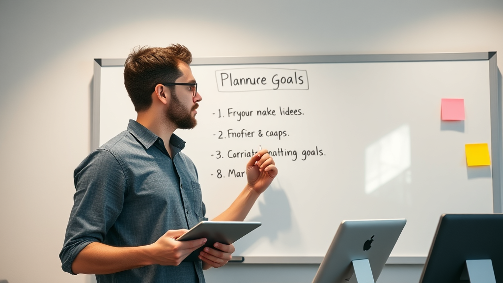 marketer planning video campaign objectives for conversion, awareness, and engagement on a digital whiteboard using goal-oriented strategies