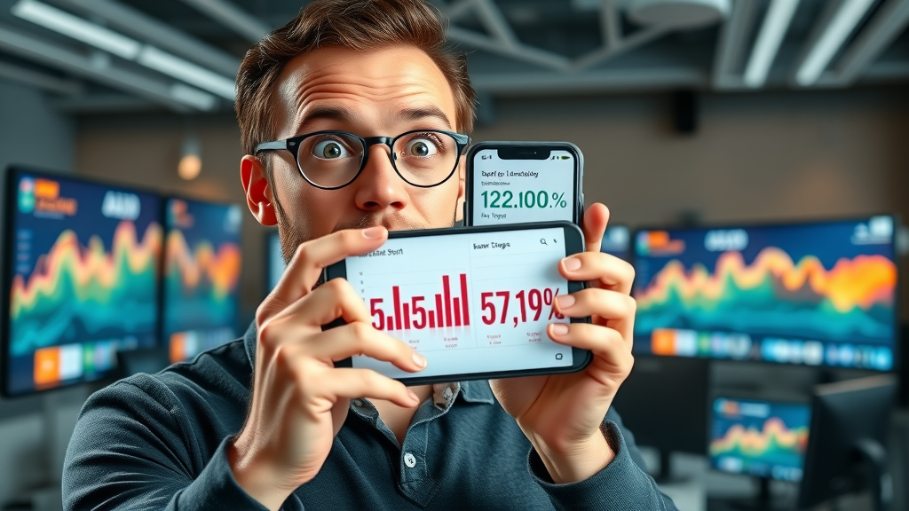confident influencer, surprised wide-eyed expression, holding up mobile phone displaying statistics, bold controversy, youtube viral hook, modern high-tech office