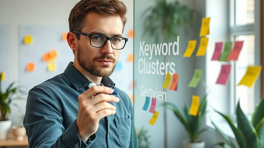 keyword research strategist mapping keyword clusters glass whiteboard