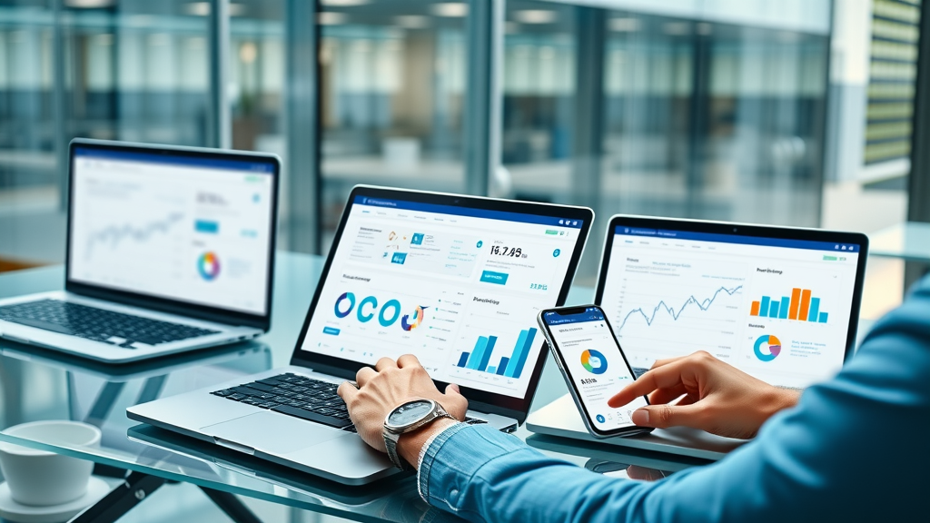 reputation marketing software comparison dashboard on laptops and mobile devices in a modern office