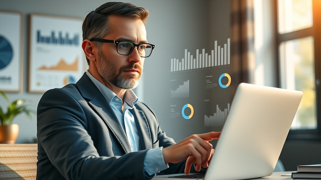 inspiring business leader analyzing digital marketing graphs for social media marketing strategies