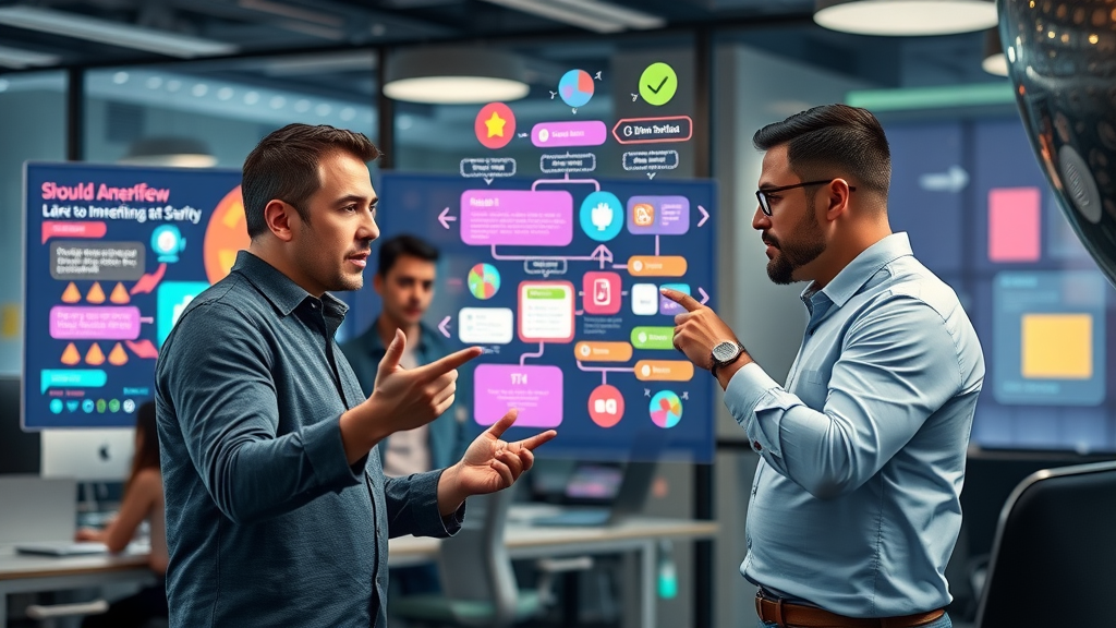 marketers planning marketing automation workflows, step-by-step strategy, vibrant digital flowcharts