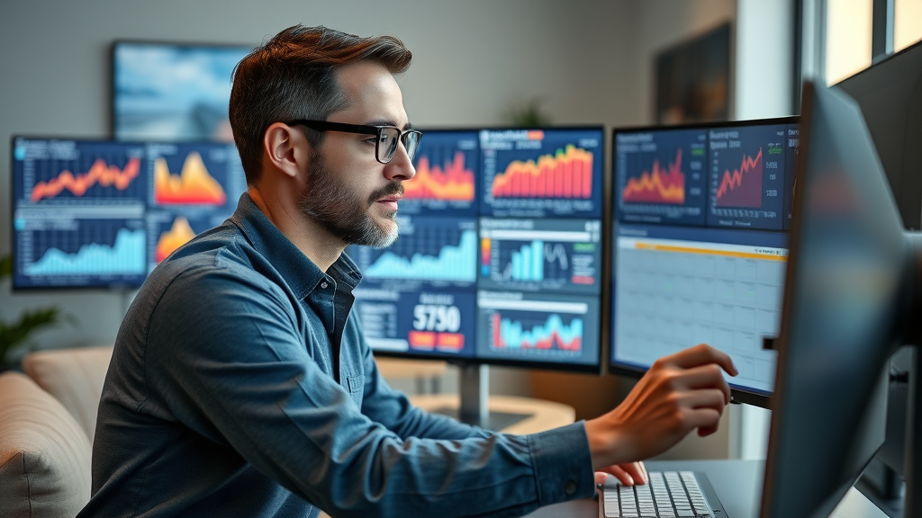 professional marketer reviewing video analytics on multiple monitors