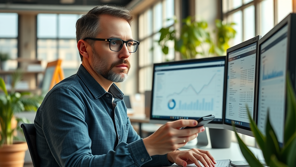 SEO specialist analyzing keyword rankings and backlinks for content marketing lead generation