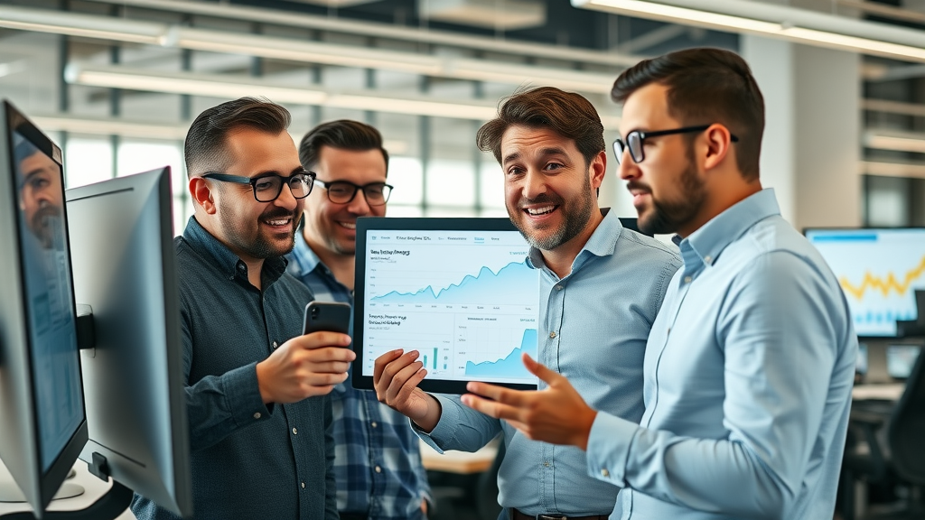 Dynamic marketing team analyzing website analytics dashboard with a/b testing insights, modern workspace, digital screens